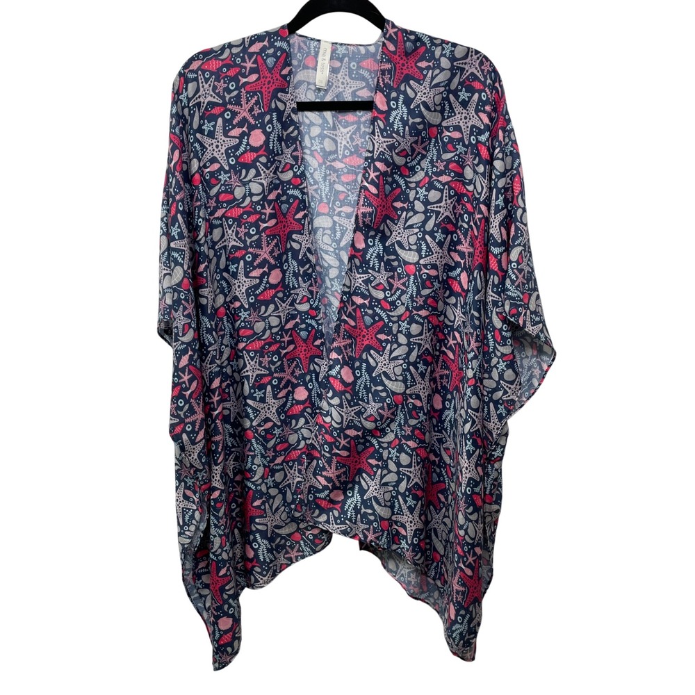 Mia & Tess Womens Starfish Nautical Kimono Wrap‎ Blue Pink One Size OS Cover Up